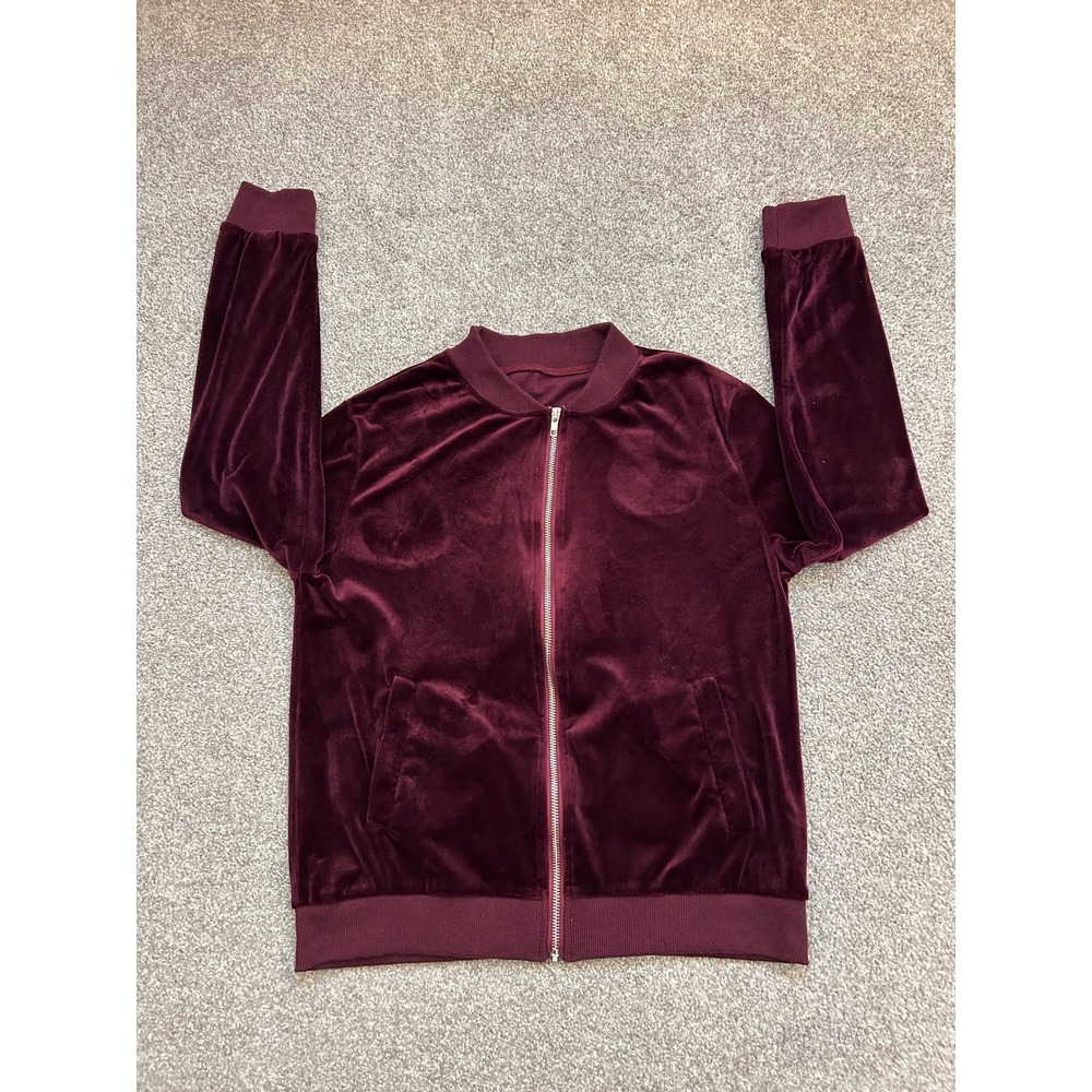 Y2K Soft Velvet Bomber Jacket Womens L Burgundy Excellent Soft Zip Up Pocket